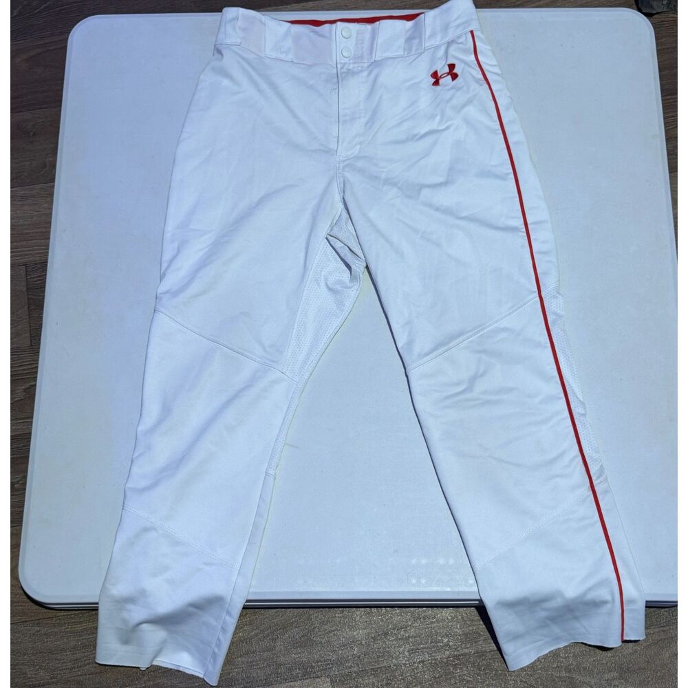 Under Armour HeatGear Men's Medium White Baseball PantsRedPipingPipingOpenBottom